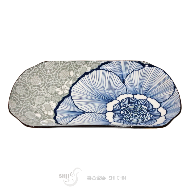 12吋長方盤-玉櫻花藍